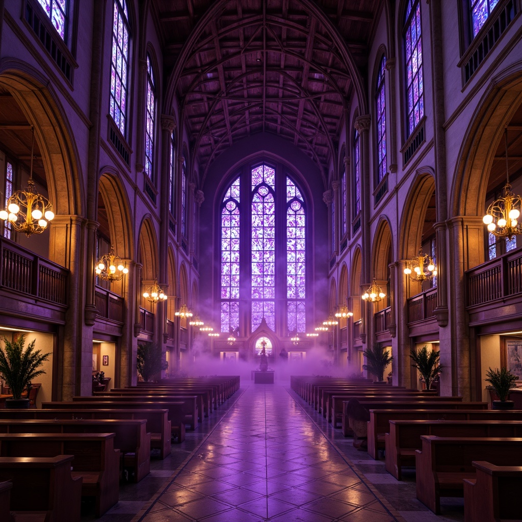 Prompt: Rich amethyst hues, luxurious velvet textures, ornate Gothic arches, grandiose cathedral ceilings, mystical purple mist, lavish jewel-toned accents, regal crown molding, opulent marble floors, intricate stone carvings, majestic stained glass windows, warm golden lighting, dramatic shadows, 1/2 composition, low-angle shot, cinematic atmosphere, realistic reflections.