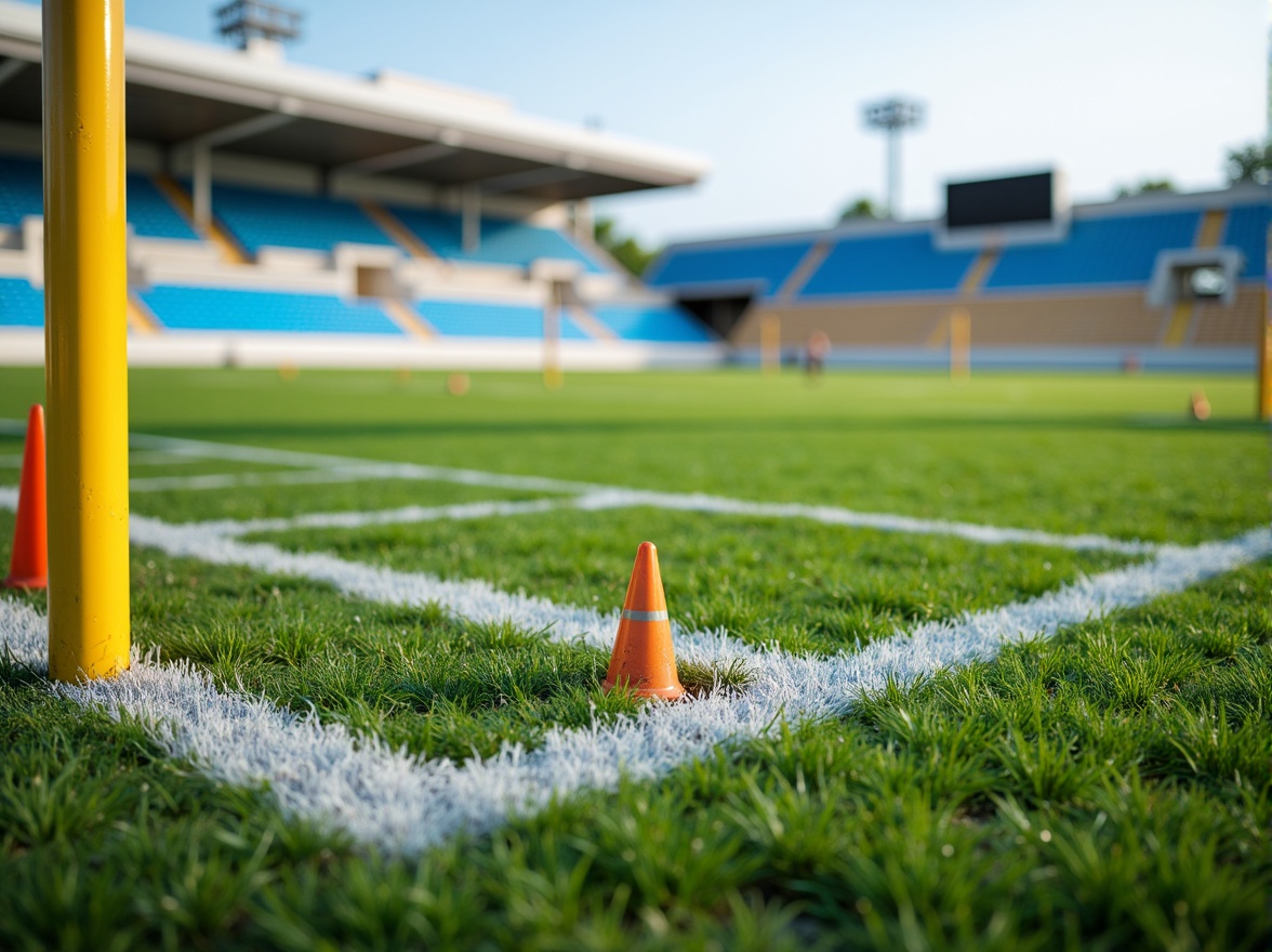 Prompt: Vibrant green grass, bright white lines, bold blue accents, warm beige sand, dynamic yellow goalposts, energetic orange cones, fresh air atmosphere, sunny day lighting, shallow depth of field, 3/4 composition, panoramic view, realistic textures, ambient occlusion.