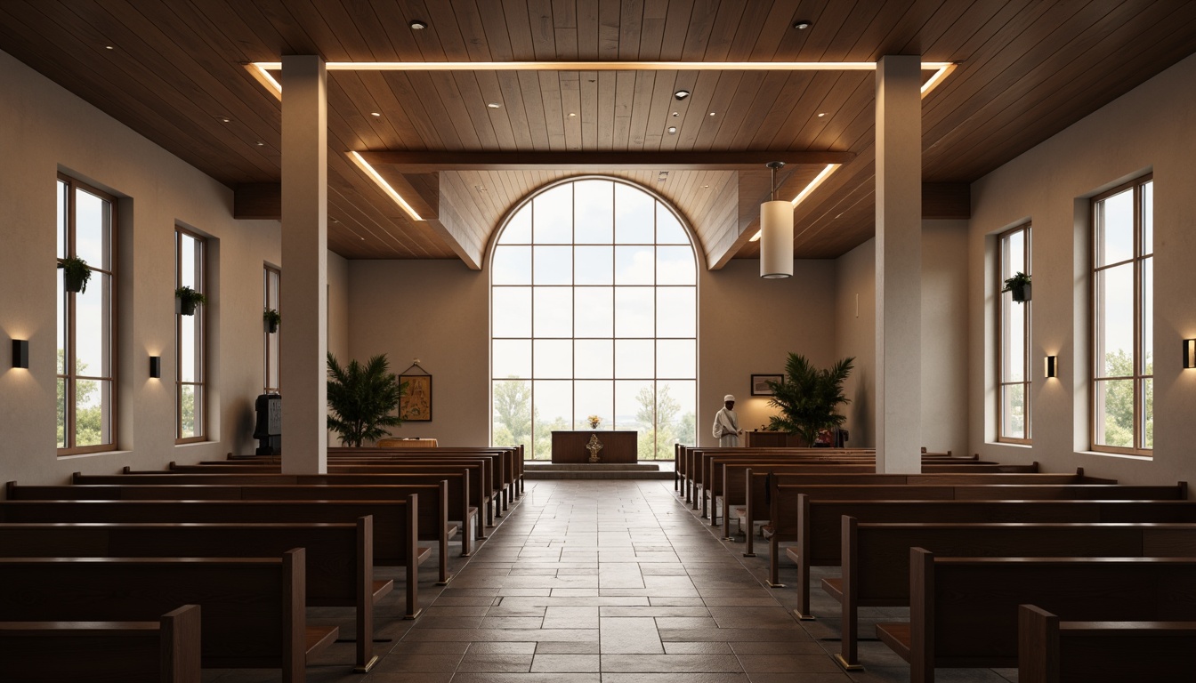 Prompt: Minimalist church interior, sleek modern architecture, clean lines, monochromatic color scheme, subtle ambient lighting, warm LED strips, recessed ceiling lights, suspended pendant lamps, polished chrome fixtures, frosted glass diffusers, natural stone flooring, wooden pews, stained glass windows, soft warm glow, 1/1 composition, shallow depth of field, realistic textures, ambient occlusion.