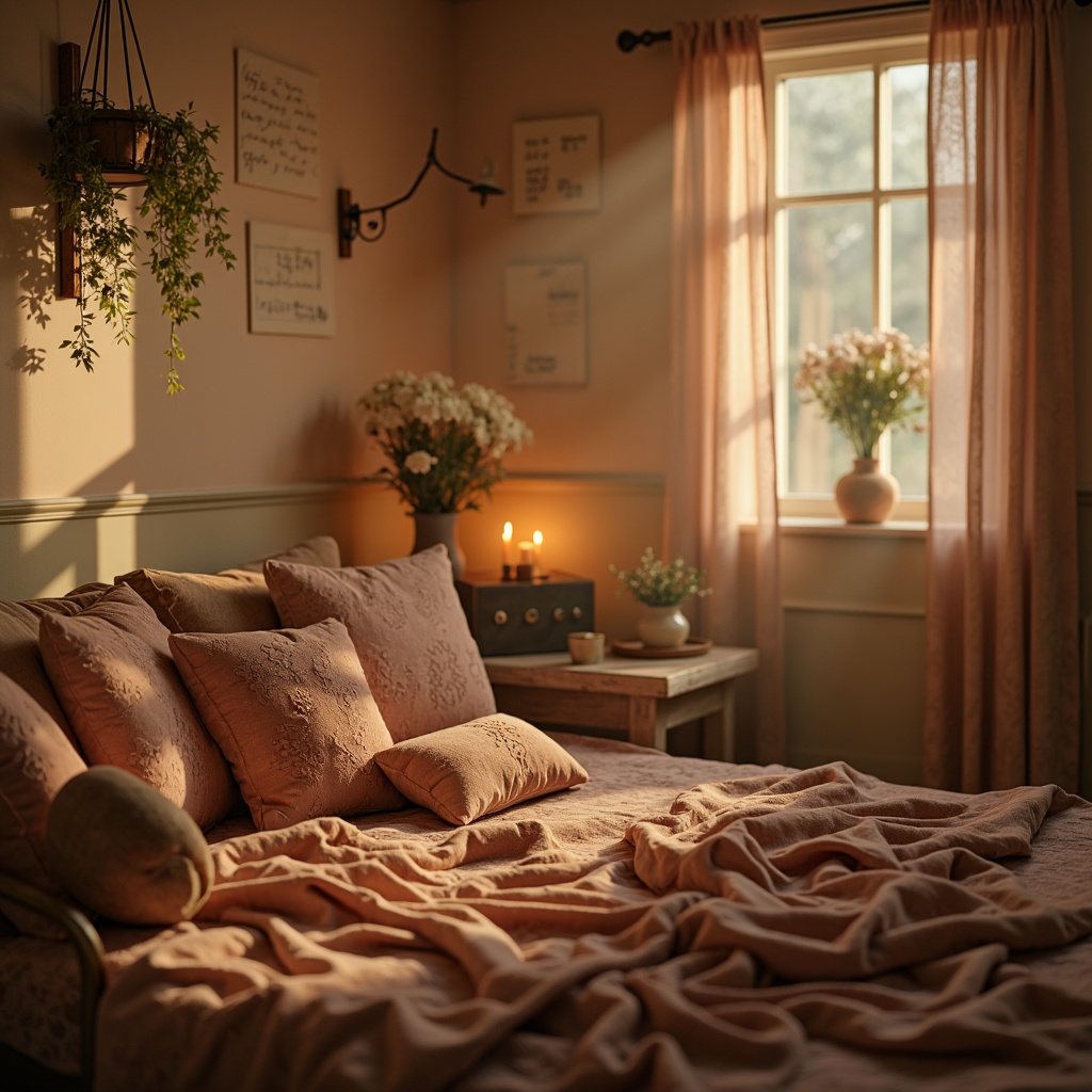 Prompt: Soft candlelight, warm beige walls, rich velvet fabrics, delicate lace details, pastel pink hues, muted gold accents, distressed wood furniture, vintage floral patterns, whimsical script typography, dreamy misty atmosphere, warm golden lighting, shallow depth of field, 1/1 composition, intimate close-up shots, realistic textures, ambient occlusion.