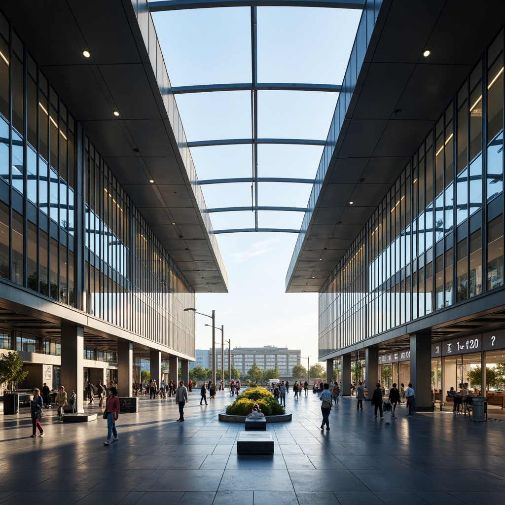 Prompt: Aerodynamic airport terminal, cantilevered roofs, angular steel beams, glass curtain walls, minimalist interior design, industrial chic aesthetic, exposed ductwork, polished concrete floors, modernist architecture, asymmetrical facades, dynamic lighting systems, LED signage, futuristic ambiance, bustling atmosphere, morning sunlight, shallow depth of field, 1/2 composition, realistic reflections, ambient occlusion.