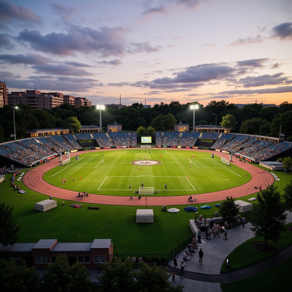 Prompt: Natural grass fields, athletic tracks, sports equipment, goalposts, bleachers, scoreboard, floodlights, evening ambiance, warm sunset lighting, shallow depth of field, 3/4 composition, panoramic view, realistic textures, ambient occlusion, modern sports facility architecture, sleek metal structures, durable concrete surfaces, vibrant team colors, dynamic crowd scenes, energetic atmosphere, safety fencing, accessible walkways, parking lots, surrounding trees, lush landscaping.