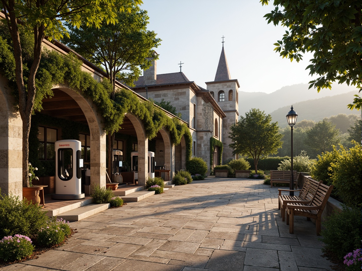 Prompt: Rustic charging station, Romanesque arches, stone walls, green roofs, lush vines, blooming flowers, natural stone pavement, ornate metal lanterns, warm soft lighting, misty morning atmosphere, shallow depth of field, 1/1 composition, symmetrical framing, realistic textures, ambient occlusion, rolling hills, serene countryside, meandering paths, ancient trees, weathered wooden benches, decorative ironwork, intricate carvings.