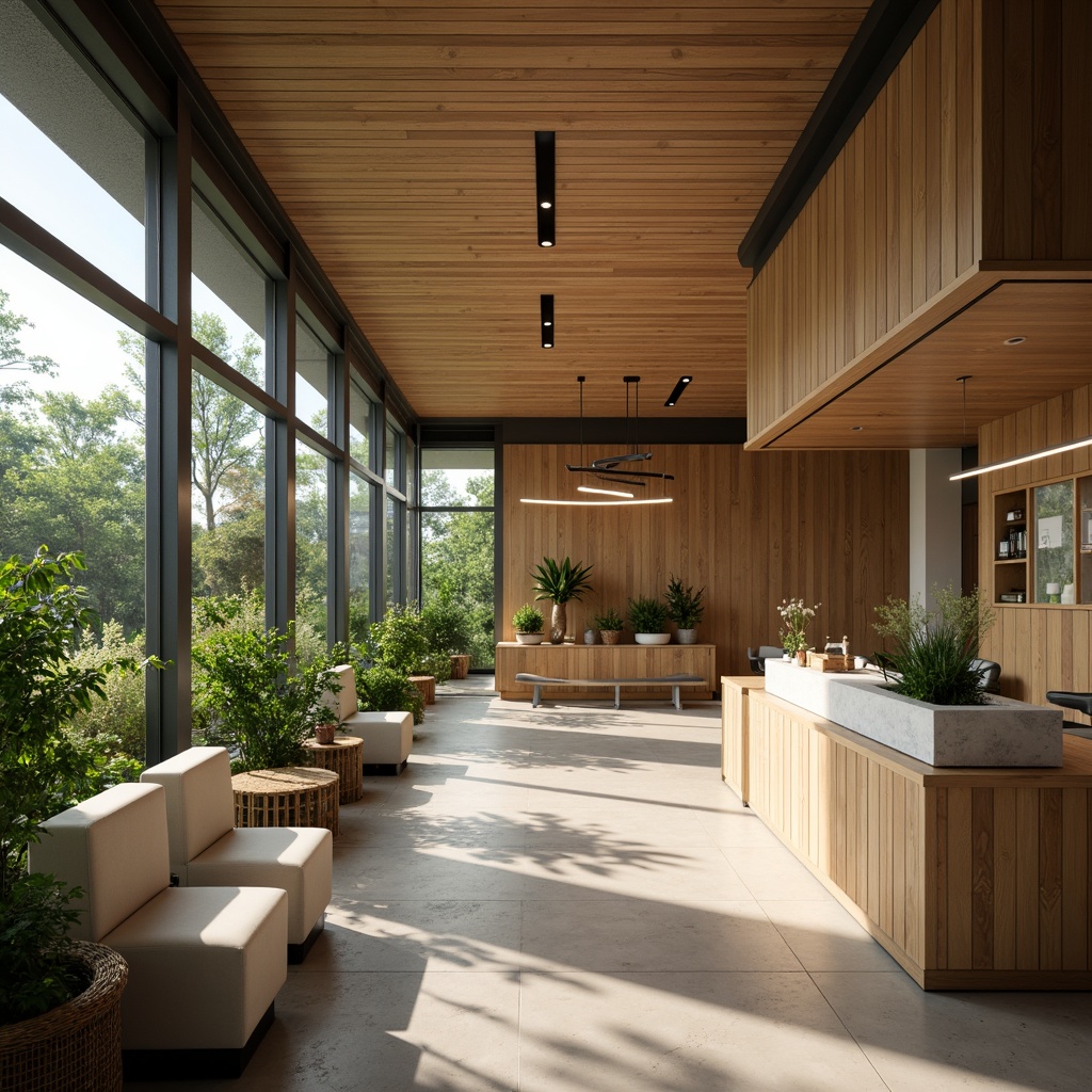 Prompt: Eco-friendly dental clinic, natural wood accents, recycled glass partitions, low-VOC paint, bamboo flooring, energy-efficient lighting, solar panels, green roofs, living walls, air-purifying plants, minimalist decor, calming color scheme, soft warm lighting, shallow depth of field, 3/4 composition, realistic textures, ambient occlusion, modern sleek furniture, ergonomic design, patient-centric layout, waiting area with comfortable seating, reception desk with natural stone countertop.