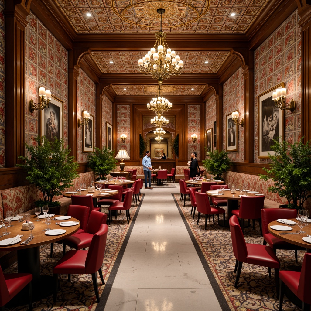 Prompt: Vibrant dining hall, ornate mosaic walls, intricate tile patterns, luxurious chandeliers, polished marble floors, elegant wooden tables, comfortable velvet chairs, ambient warm lighting, shallow depth of field, 1/1 composition, realistic textures, rich colors, Mediterranean-inspired decor, lavish furnishings, sophisticated atmosphere, fine dining experience.