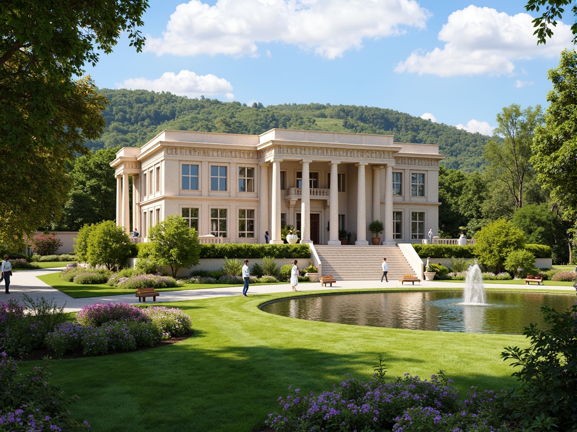 Prompt: Grand neoclassical mansion, symmetrical facade, ornate columns, carved stone details, lush greenery, rolling hills, serene lake, walking paths, benches, classical statues, vibrant flowers, blooming trees, sunny day, soft warm lighting, shallow depth of field, 3/4 composition, panoramic view, realistic textures, ambient occlusion, harmonious integration with nature, elegant landscaping, manicured lawns, decorative fountains, ornate iron gates.