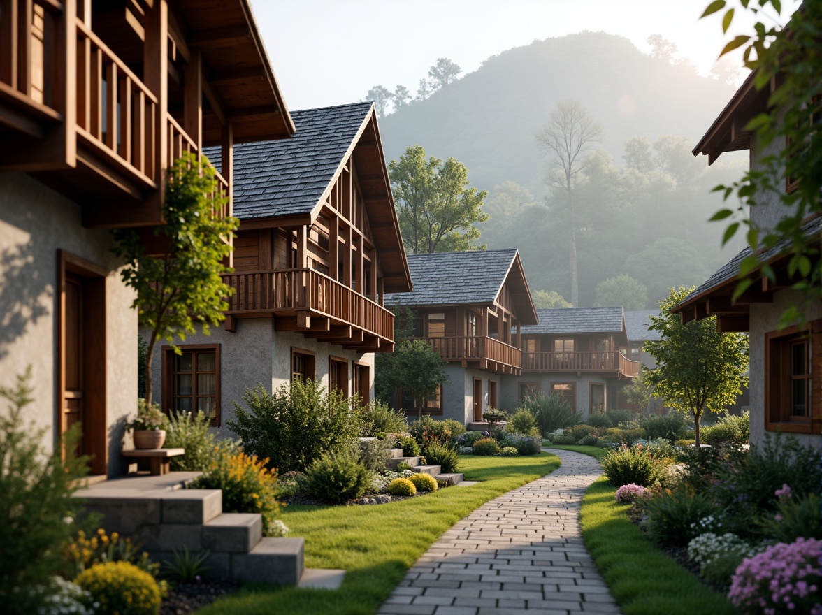 Prompt: Traditional village setting, rustic wooden houses, steeply pitched roofs, wide roof overhangs, ornate wooden brackets, decorative trusses, earthy color palette, natural stone foundations, lush greenery, vibrant flowers, misty morning atmosphere, soft warm lighting, shallow depth of field, 3/4 composition, panoramic view, realistic textures, ambient occlusion.