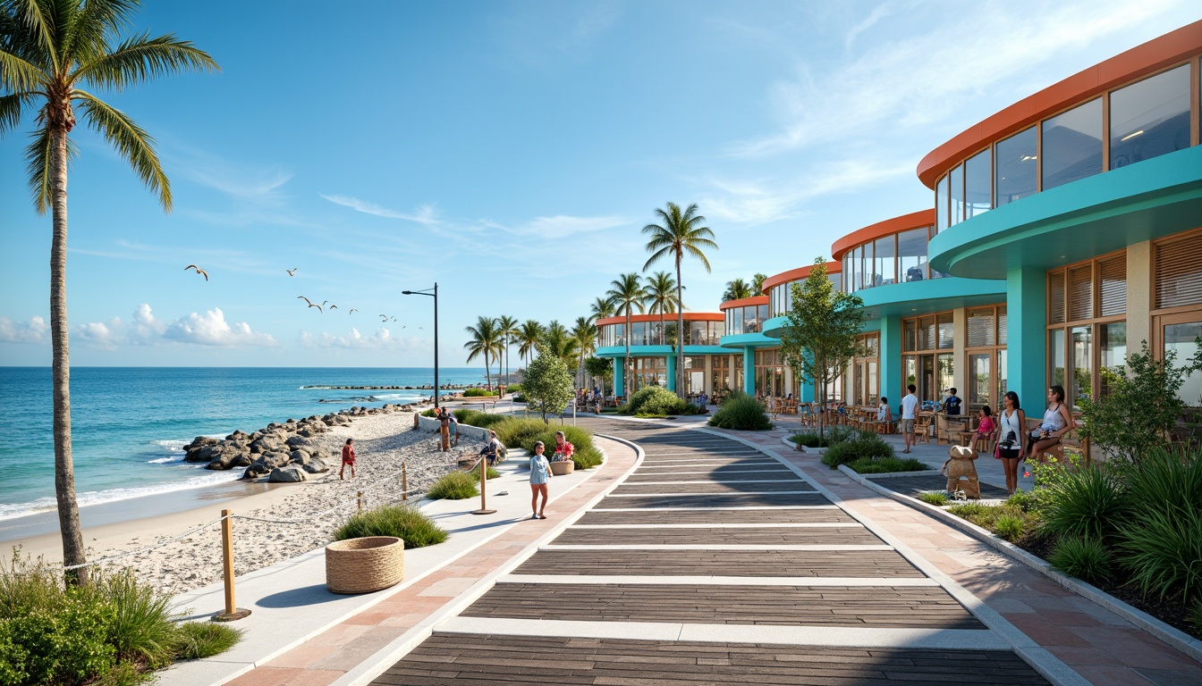 Prompt: Vibrant tram station, coastal scenery, ocean views, sandy beaches, seagulls flying, nautical ropes, wooden docks, modern architecture, curved lines, large windows, glass roofs, natural light, bright color scheme, turquoise accents, coral-inspired patterns, ocean-blue hues, sunny day, soft warm lighting, shallow depth of field, 3/4 composition, panoramic view, realistic textures, ambient occlusion.