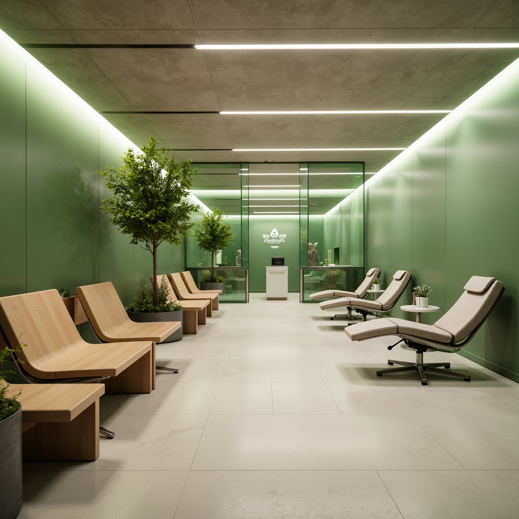 Prompt: Minimalist waiting area, sleek wooden benches, calming green walls, modern dental chairs, stainless steel equipment, LED lighting, glass partitions, open reception desk, comfortable patient lounges, natural stone flooring, subtle branding elements, soothing color scheme, airy atmosphere, shallow depth of field, 1/1 composition, realistic textures, ambient occlusion.