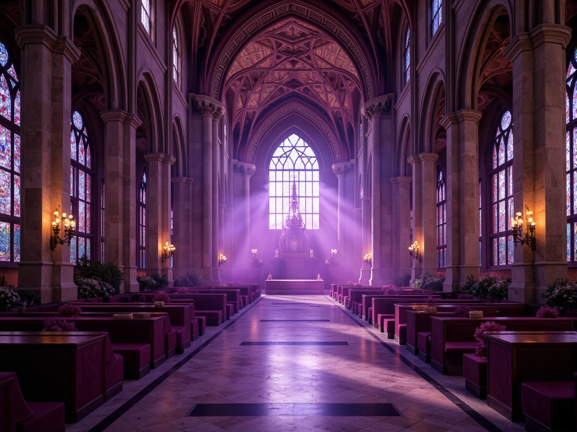 Prompt: Rich amethyst hues, luxurious velvet textures, ornate Gothic arches, grandiose cathedral ceilings, mystical purple mist, lavish jewel-toned accents, regal crown molding, opulent marble floors, intricate stone carvings, majestic stained glass windows, warm golden lighting, dramatic shadows, 1/2 composition, low-angle shot, cinematic atmosphere, realistic reflections.