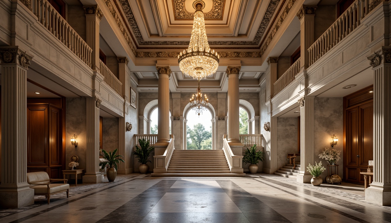 Prompt: Grandiose research center, neoclassical facade, ornate columns, carved stone details, symmetrical composition, grand entrance, sweeping staircases, elegant balustrades, refined wood paneling, luxurious chandeliers, subtle warm lighting, soft focus, shallow depth of field, 2/3 composition, panoramic view, realistic textures, ambient occlusion.