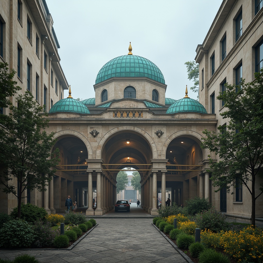 Prompt: Ancient Byzantine-inspired vehicular bridges, ornate arches, intricately carved stone facades, grandiose entrance gates, majestic pillars, vibrant turquoise domes, golden accents, rustic stonework, weathered copper roofs, mystical foggy atmosphere, soft warm lighting, shallow depth of field, 1/2 composition, symmetrical framing, realistic textures, ambient occlusion.