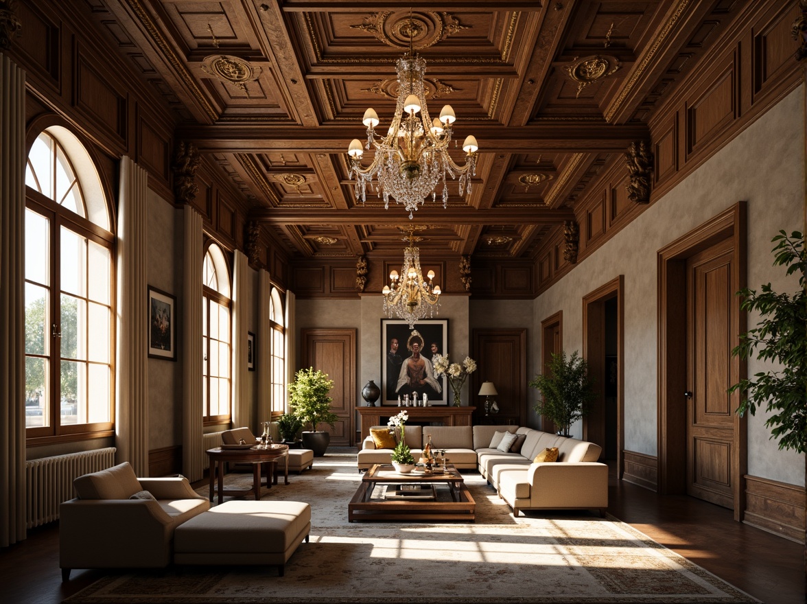 Prompt: Renaissance-style apartments, ornate ceiling decorations, intricate moldings, luxurious chandeliers, crystal droplets, golden accents, rich wood tones, coffered ceilings, barrel vaults, decorative arches, soft warm lighting, ambient shadows, 3/4 composition, realistic textures, subtle color palette, elegant furnishings, refined interior design, sophisticated ambiance, upscale living spaces.