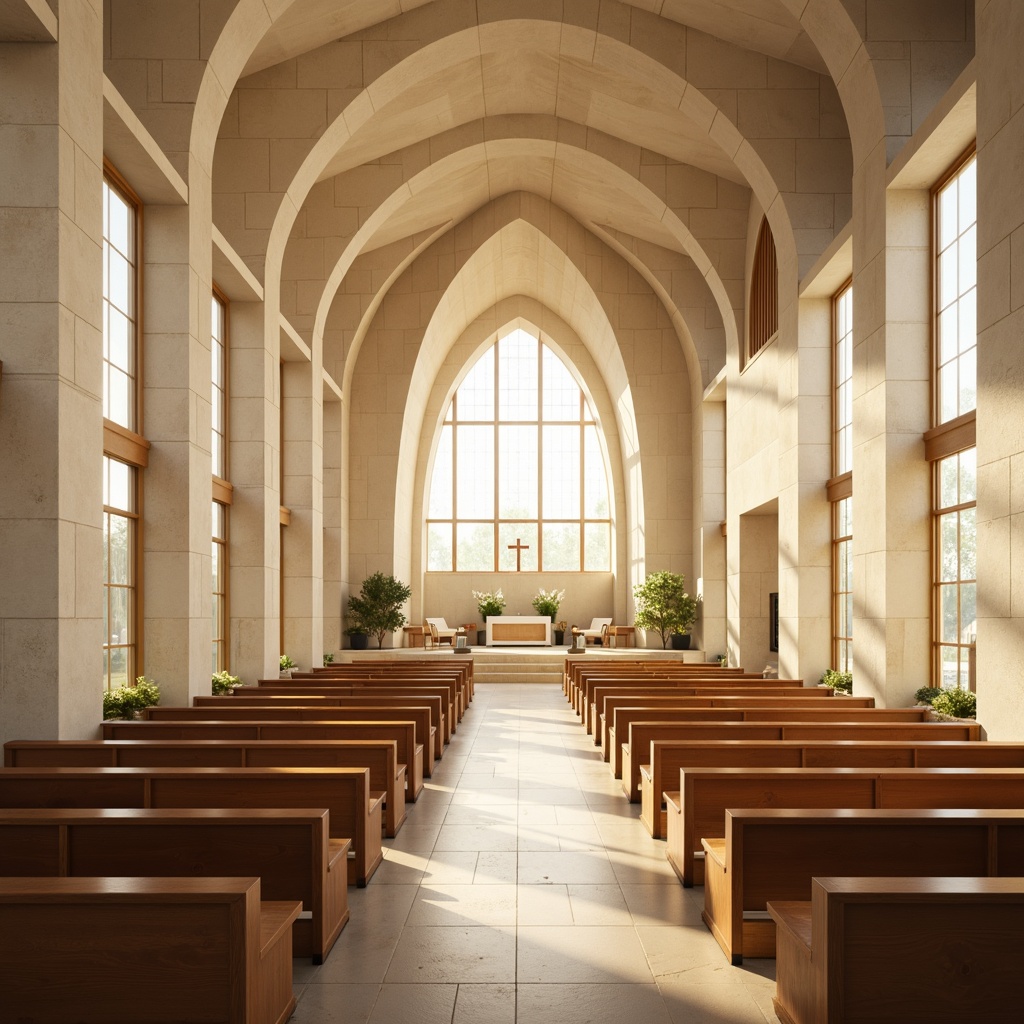 Prompt: Sleek modern church, curved lines, minimalist architecture, cream-colored stone walls, large stained glass windows, subtle natural light, warm beige interior, polished wooden pews, simple altar design, soft golden lighting, shallow depth of field, 1/1 composition, realistic textures, ambient occlusion, calming atmosphere, serene ambiance, gentle color palette, soothing earth tones, muted pastel hues.