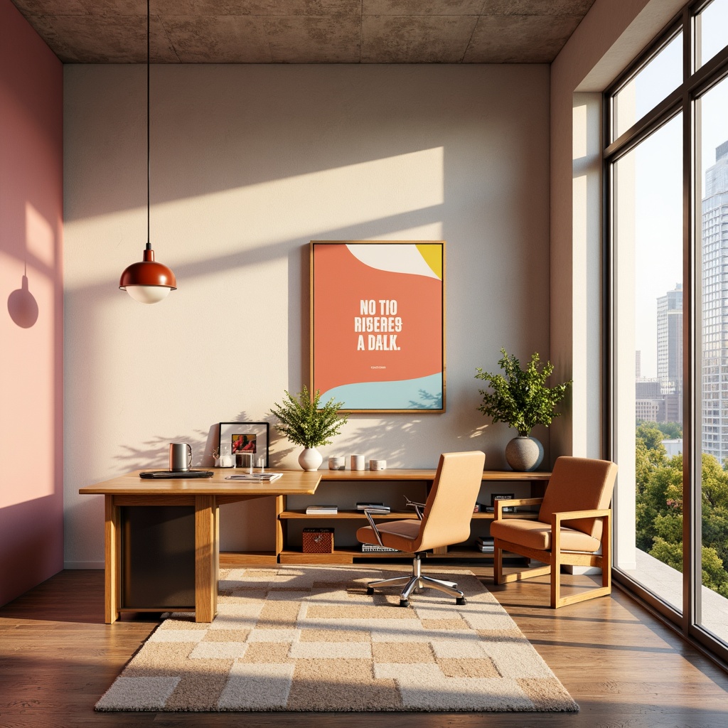 Prompt: Vibrant design studio, modern minimalist interior, sleek wooden desk, ergonomic chair, colorful artwork, inspirational quotes, natural light pouring in, large windows, urban cityscape view, warm beige walls, rich brown furniture, pastel pink accents, soft peach tones, creamy whites, bold typography, geometric patterns, abstract shapes, 3D visualizations, atmospheric lighting, shallow depth of field, 2/3 composition, realistic textures, ambient occlusion.