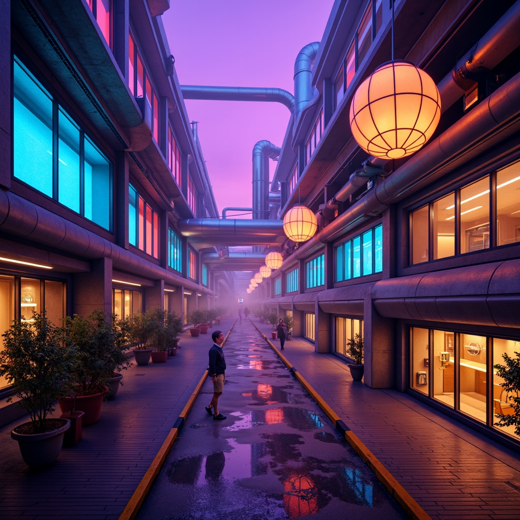 Prompt: Vibrant energy plant, neon-lit pipes, glowing orbs, metallic structures, industrial machinery, futuristic architecture, bold color blocking, high-contrast lighting, electric blue accents, fiery orange hues, radiant yellow highlights, deep purple shadows, abstract geometric patterns, 3D modeling, low-poly textures, atmospheric fog, dramatic camera angles, cinematic composition, dynamic simulations.