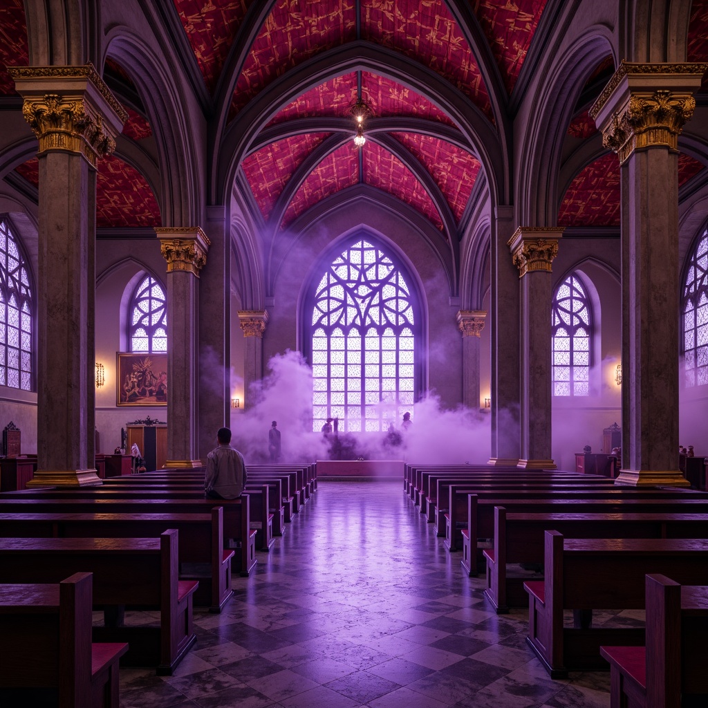 Prompt: Rich amethyst hues, luxurious velvet textures, ornate Gothic arches, grandiose cathedral ceilings, mystical purple mist, lavish jewel-toned accents, regal crown molding, opulent marble floors, intricate stone carvings, majestic stained glass windows, warm golden lighting, dramatic shadows, 1/2 composition, low-angle shot, cinematic atmosphere, realistic reflections.