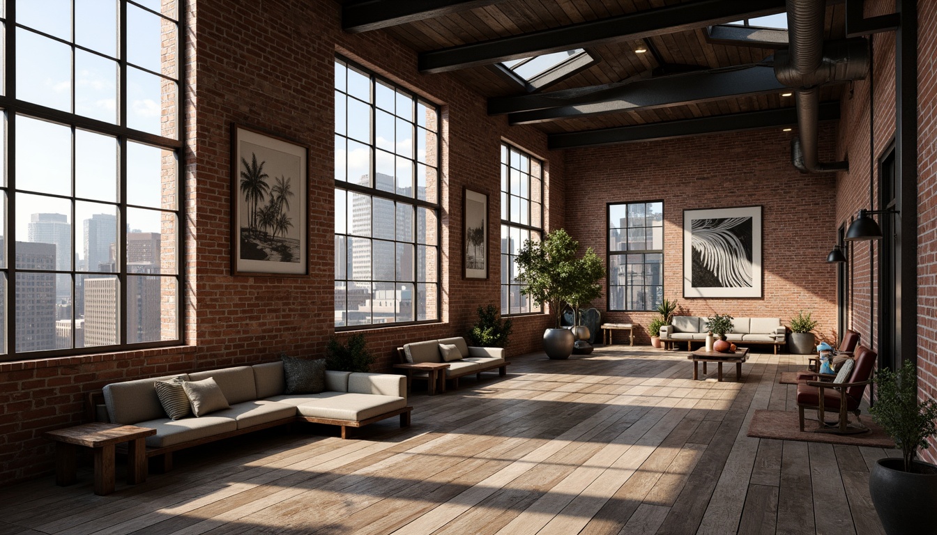 Prompt: Exposed brick walls, industrial metal beams, reclaimed wood floors, minimalist decor, urban cityscape views, large windows, clerestory windows, skylights, natural ventilation, airy open spaces, postmodernist architectural elements, distressed finishes, eclectic furniture, abstract artwork, moody atmospheric lighting, warm color palette, soft shadows, high contrast ratio, 1/1 composition, shallow depth of field, realistic textures, ambient occlusion.