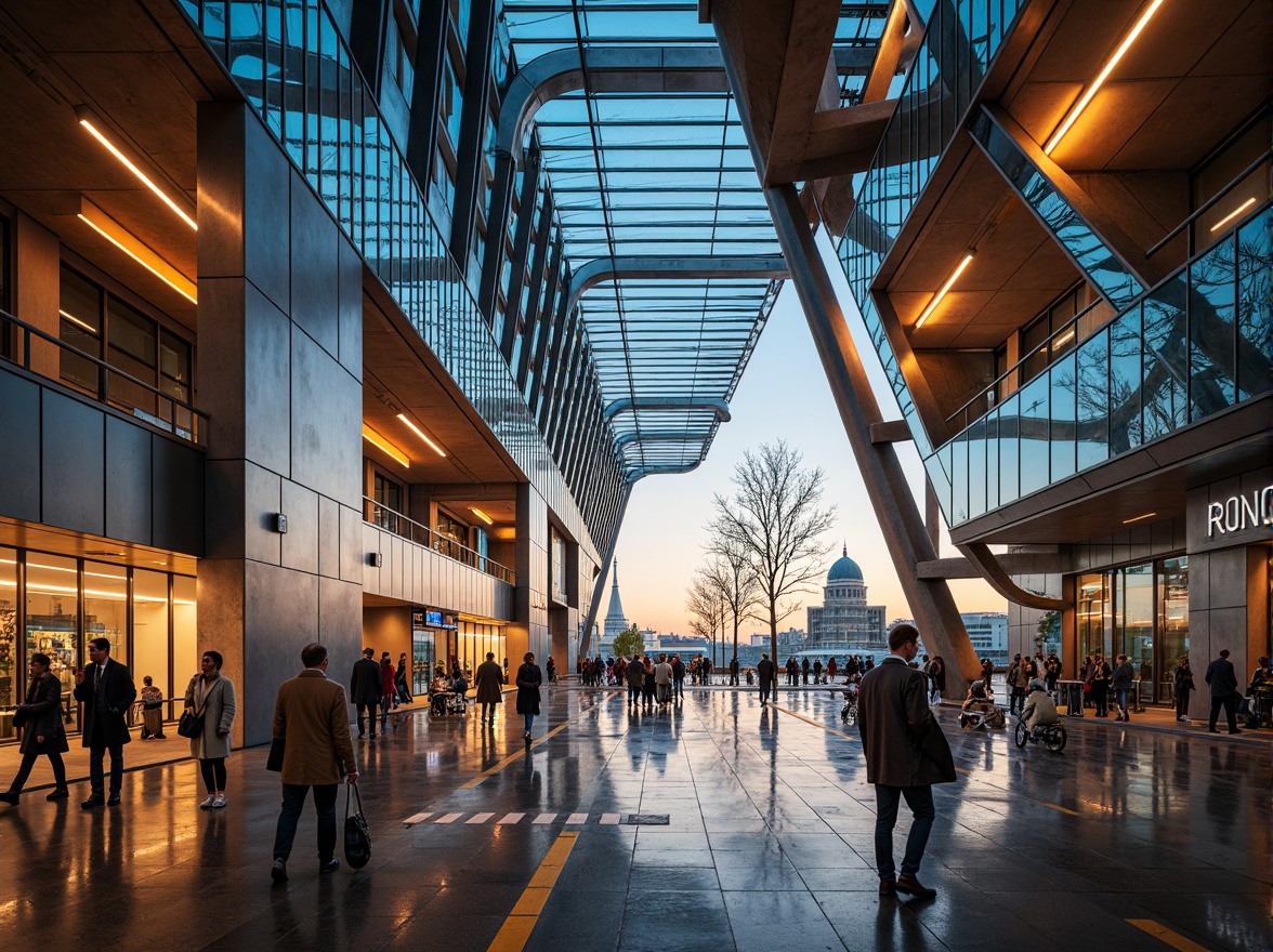 Prompt: Vibrant airport terminal, futuristic architecture, metallic surfaces, reflective glass facades, angular lines, neon lights, dynamic shapes, industrial materials, distressed concrete textures, exposed ductwork, urban cityscape, bustling atmosphere, warm golden lighting, shallow depth of field, 3/4 composition, panoramic view, realistic reflections, ambient occlusion.