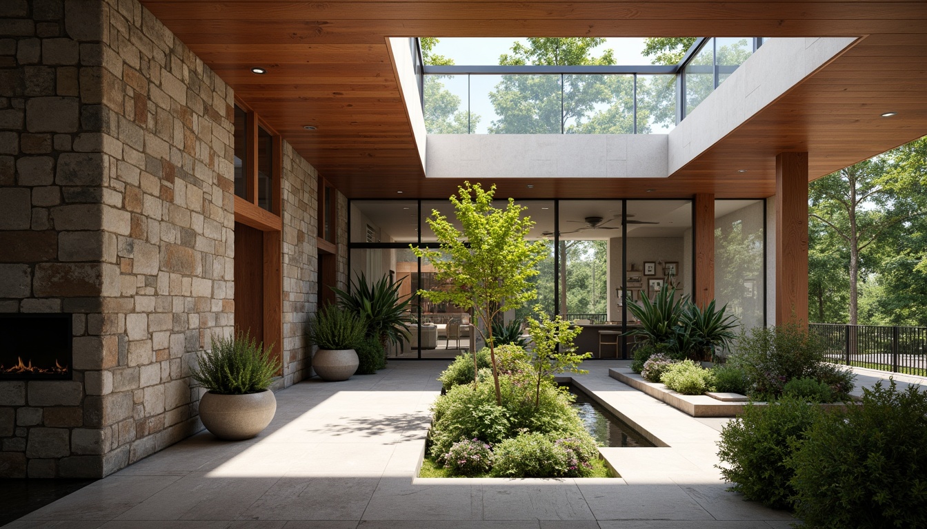 Prompt: Rustic stone walls, smooth wooden accents, rough-hewn granite floors, sleek metal railings, vibrant greenery, natural light pouring through clerestory windows, modern minimalist architecture, bold geometric shapes, contrasting textures, earthy color palette, warm ambient lighting, shallow depth of field, 1/1 composition, realistic render, atmospheric perspective.