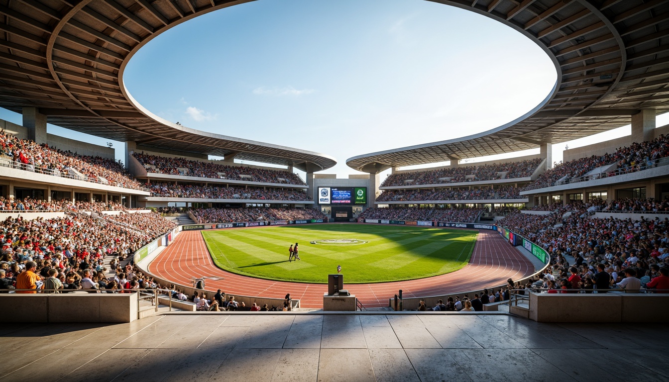 Prompt: Vibrant stadium interior, polished concrete floors, sleek metal railings, plush green grass, athletic track surfaces, weathered stone walls, rustic wooden benches, modern LED lighting, dynamic crowd atmosphere, warm sunny day, shallow depth of field, 1/1 composition, realistic textures, ambient occlusion, intricate architectural details, grandstand seating areas, scoreboard displays, sports equipment storage rooms, athlete locker rooms, VIP lounges, concession stands, food and beverage vendors.