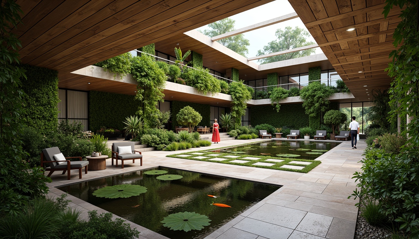 Prompt: Lush green walls, natural stone floors, reclaimed wood accents, living roofs, verdant courtyards, organic shapes, curved lines, earthy tones, abundant daylight, clerestory windows, skylights, solar tubes, bioluminescent lighting, water features, koi ponds, green screens, trellises, vines, botanical patterns, natural ventilation systems, passive design strategies, sustainable building materials, eco-friendly furnishings, serene ambiance, soft warm lighting, shallow depth of field, 3/4 composition, panoramic view, realistic textures, ambient occlusion.