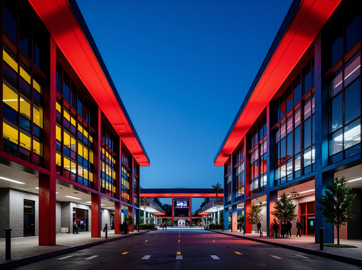 Prompt: Bauhaus-inspired stadium architecture, bold primary colors, bright red accents, deep blue tones, yellow highlights, geometric shapes, industrial materials, exposed concrete structures, steel beams, minimalist design, functional aesthetics, modernist influences, urban landscape, cityscape views, dramatic nighttime lighting, floodlights, vibrant color contrasts, high-contrast shadows, 1/1 composition, symmetrical framing, realistic textures, ambient occlusion.