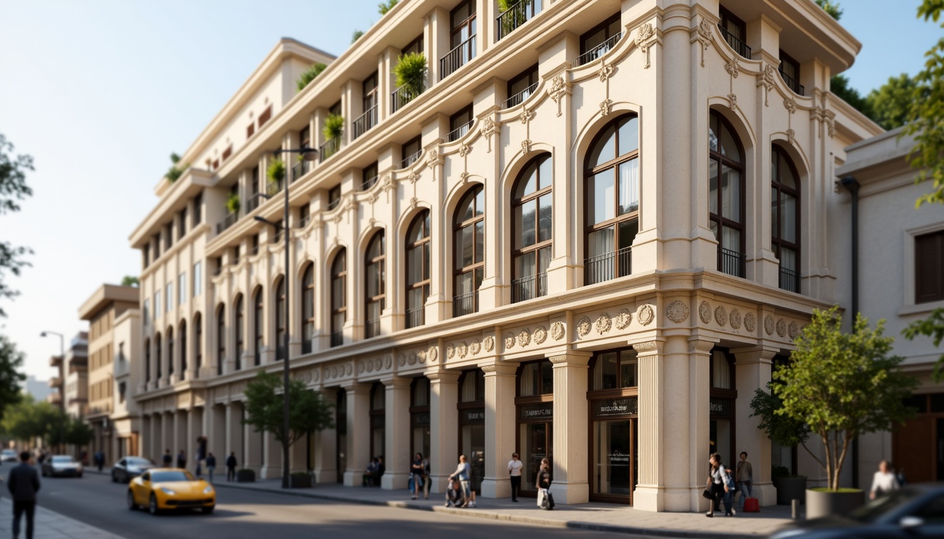 Prompt: Grandiose neoclassical building, ornate facade details, Corinthian columns, symmetrical composition, elegant arches, intricate carvings, ornamental moldings, luxurious marble materials, subtle cream colors, soft golden lighting, shallow depth of field, 1/1 composition, realistic textures, ambient occlusion, urban cityscape, busy streets, historic landmarks, vibrant cultural atmosphere.