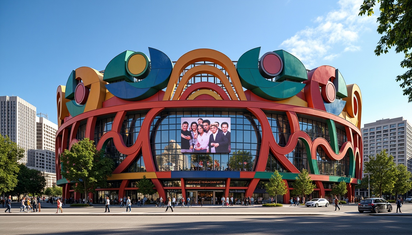 Prompt: Vibrant eclectic stadium facade, ornate architectural details, mix-and-match materials, bold color blocking, intricate patterns, grand entrance archways, sweeping curves, angular lines, dynamic shapes, futuristic LED lighting, oversized signage, urban cityscape backdrop, bustling streets, modern skyscrapers, sunny day, dramatic shadows, high-contrast lighting, 1/2 composition, wide-angle lens, realistic textures, ambient occlusion.