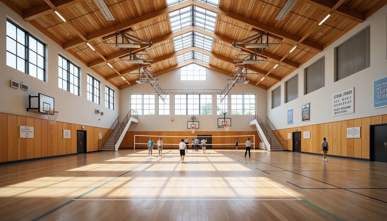 Prompt: Spacious gymnasium interior, high ceilings, clerestory windows, natural light pouring in, athletic equipment, basketball hoops, volleyball nets, exercise machines, wooden flooring, modern architecture, minimalist design, bright color scheme, motivational quotes, inspirational posters, large mirrors, open spaces, airy atmosphere, soft warm lighting, shallow depth of field, 3/4 composition, panoramic view, realistic textures, ambient occlusion.