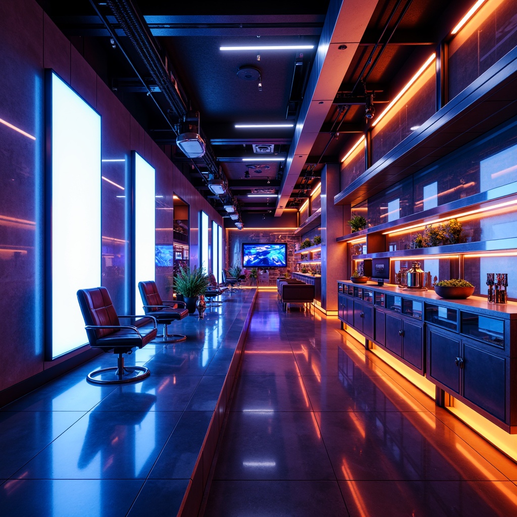 Prompt: Futuristic laboratory, neon-lit equipment, metallic surfaces, sleek lines, minimalist decor, bold accent walls, electric blue hues, vibrant orange tones, deep purple shades, silver chrome accents, LED lighting, high-gloss finishes, modern typography, futuristic patterns, geometric shapes, 3D visualizations, cinematic lighting, shallow depth of field, 1/1 composition, realistic textures, ambient occlusion.