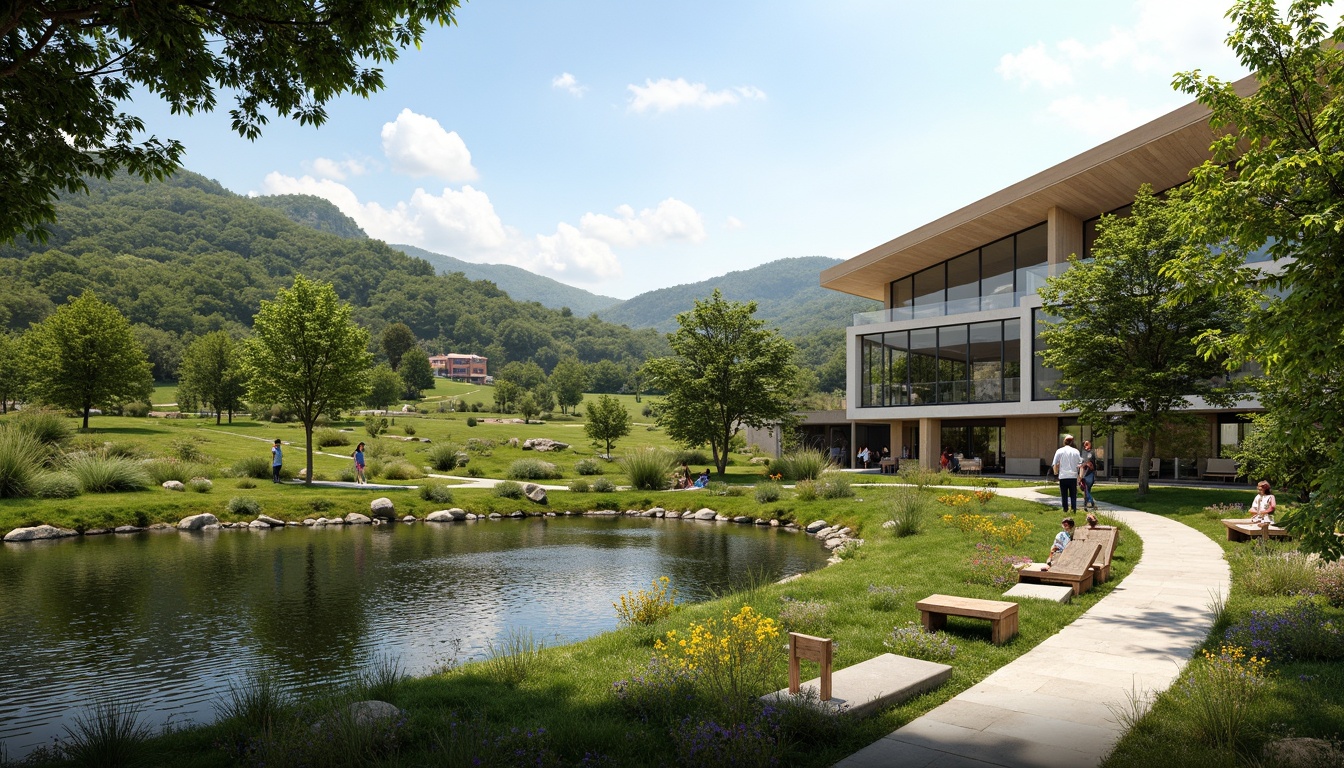 Prompt: Harmonious landscape integration, rolling hills, lush greenery, serene lakeside, walking trails, wooden benches, natural stone pathways, modern architecture, large windows, glass doors, blooming flowers, sunny day, soft warm lighting, shallow depth of field, 3/4 composition, panoramic view, realistic textures, ambient occlusion.