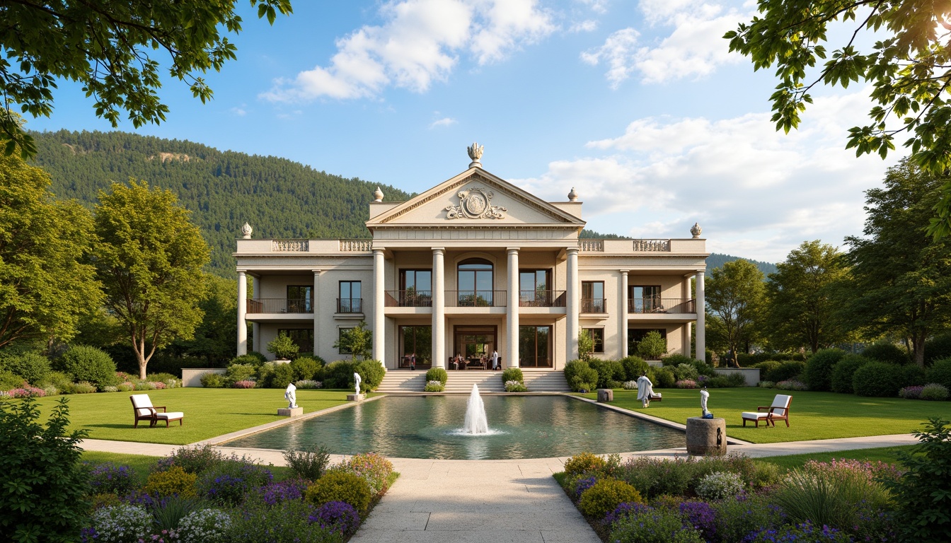 Prompt: Grand neoclassical mansion, symmetrical facade, ornate columns, carved stone details, lush greenery, rolling hills, serene lake, walking paths, benches, classical statues, vibrant flowers, blooming trees, sunny day, soft warm lighting, shallow depth of field, 3/4 composition, panoramic view, realistic textures, ambient occlusion, harmonious integration with nature, elegant landscaping, manicured lawns, decorative fountains, ornate iron gates.