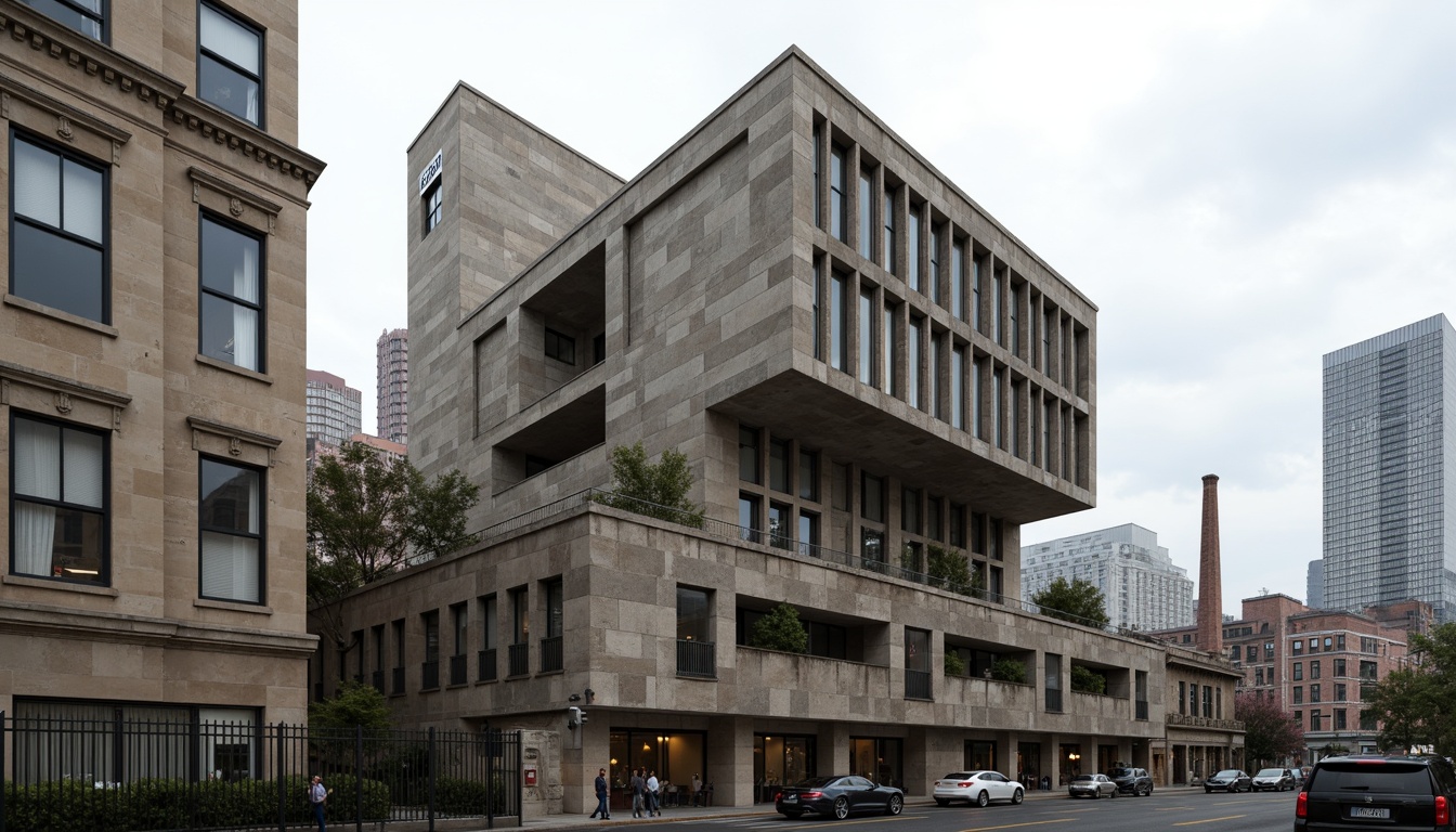 Prompt: Rugged brutalist building, rough-hewn concrete walls, weathered stone fa\u00e7ade, geometric patterns, fortress-like structure, dramatic cantilevered sections, industrial metal accents, raw unfinished surfaces, bold monumental scale, urban cityscape background, overcast sky, diffused natural light, high-contrast shadows, 1/2 composition, low-angle shot, gritty realistic textures, ambient occlusion.