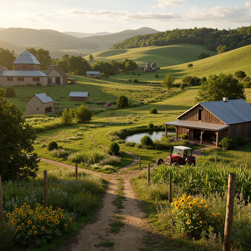 Prompt: Rustic farmland scenery, rolling hills, verdant pastures, scattered farmhouses, wooden fences, winding dirt roads, vintage tractors, lush green crops, sunflowers, wildflowers, rustic barns, weathered stone walls, natural ponds, serene rural atmosphere, warm golden lighting, shallow depth of field, 1/2 composition, panoramic view, realistic textures, ambient occlusion.