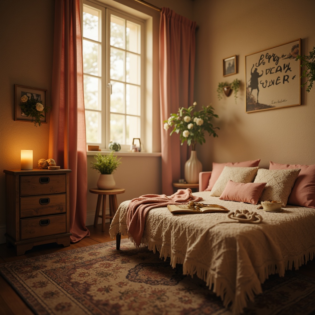 Prompt: Soft candlelight, warm beige walls, rich velvet fabrics, delicate lace details, pastel pink hues, muted gold accents, distressed wood furniture, vintage floral patterns, whimsical script typography, dreamy misty atmosphere, warm golden lighting, shallow depth of field, 1/1 composition, intimate close-up shots, realistic textures, ambient occlusion.