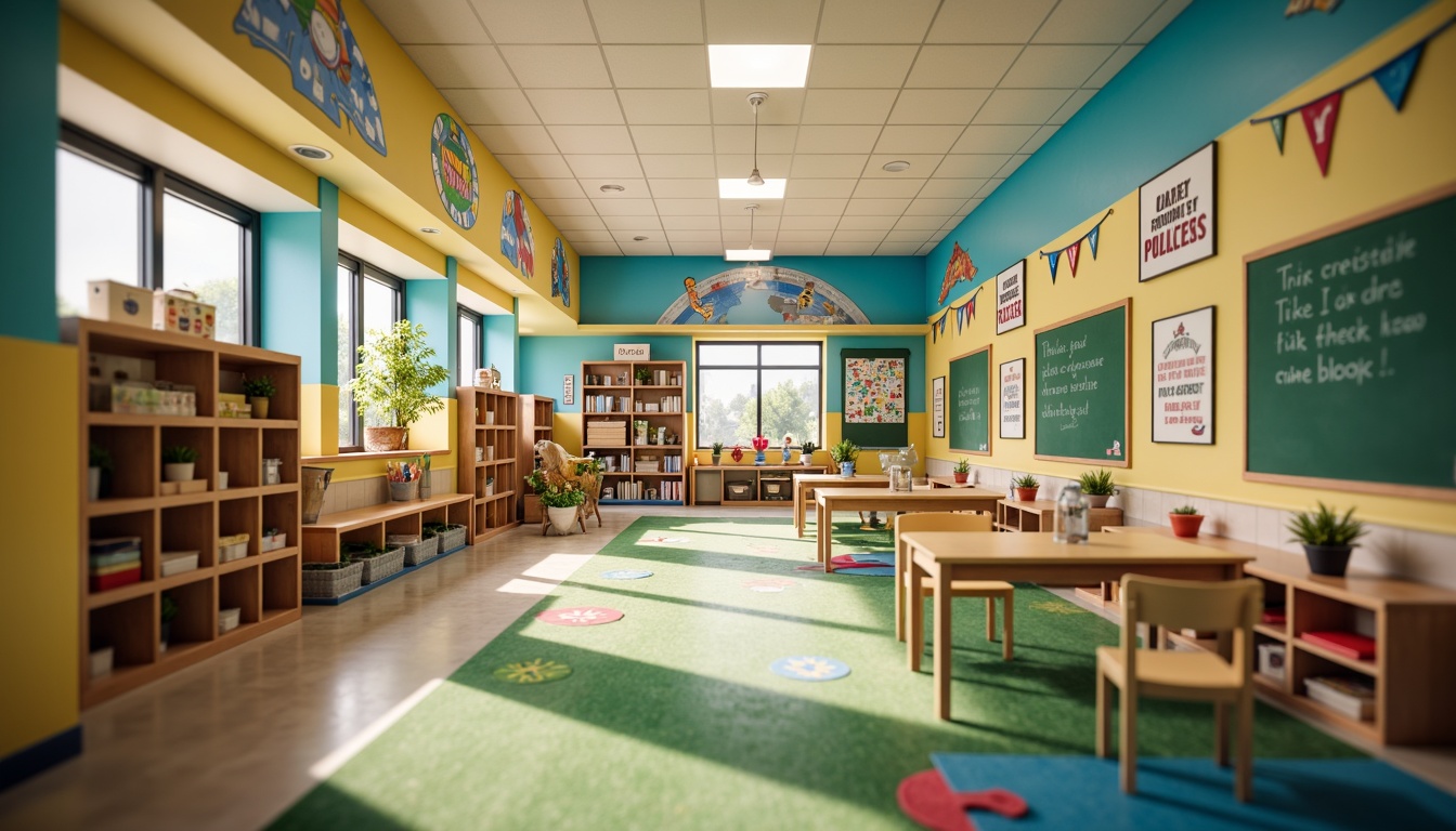 Prompt: Vibrant elementary school, playful kindergarten, bright corridors, educational murals, colorful lockers, wooden desks, green chalkboards, inspirational quotes, motivational posters, soft carpeted floors, natural wood accents, earthy tone walls, calming blue ceilings, warm yellow lighting, shallow depth of field, 1/1 composition, realistic textures, ambient occlusion.