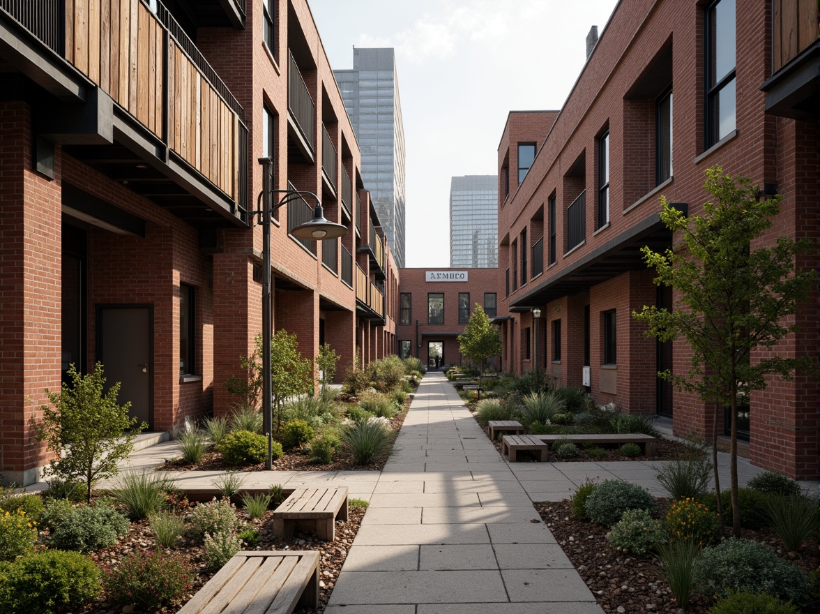 Prompt: Rustic warehouse district, industrial heritage, exposed brick facades, metal accents, reclaimed wood features, urban green spaces, native plant species, meandering walkways, weathered steel benches, distressed concrete textures, functional drainage systems, overhead crane tracks, vintage signage, warm atmospheric lighting, shallow depth of field, 2/3 composition, symmetrical framing, realistic material rendering.