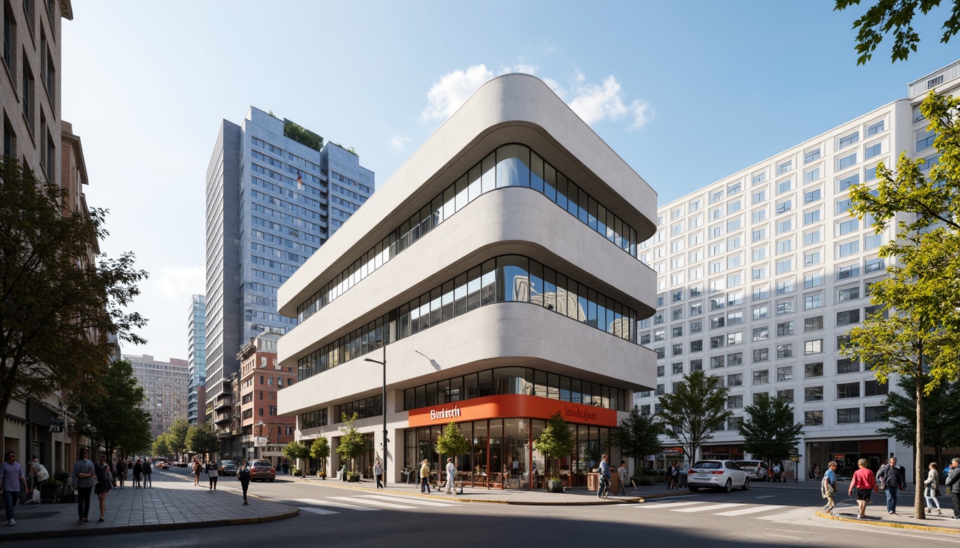 Prompt: Clean minimalist facades, rectangular forms, industrial materials, steel frames, large glass windows, functional simplicity, geometric shapes, primary color accents, bold typography, modernist architecture, urban cityscape, busy street scene, morning sunlight, soft shadows, shallow depth of field, 1/1 composition, realistic textures, ambient occlusion.