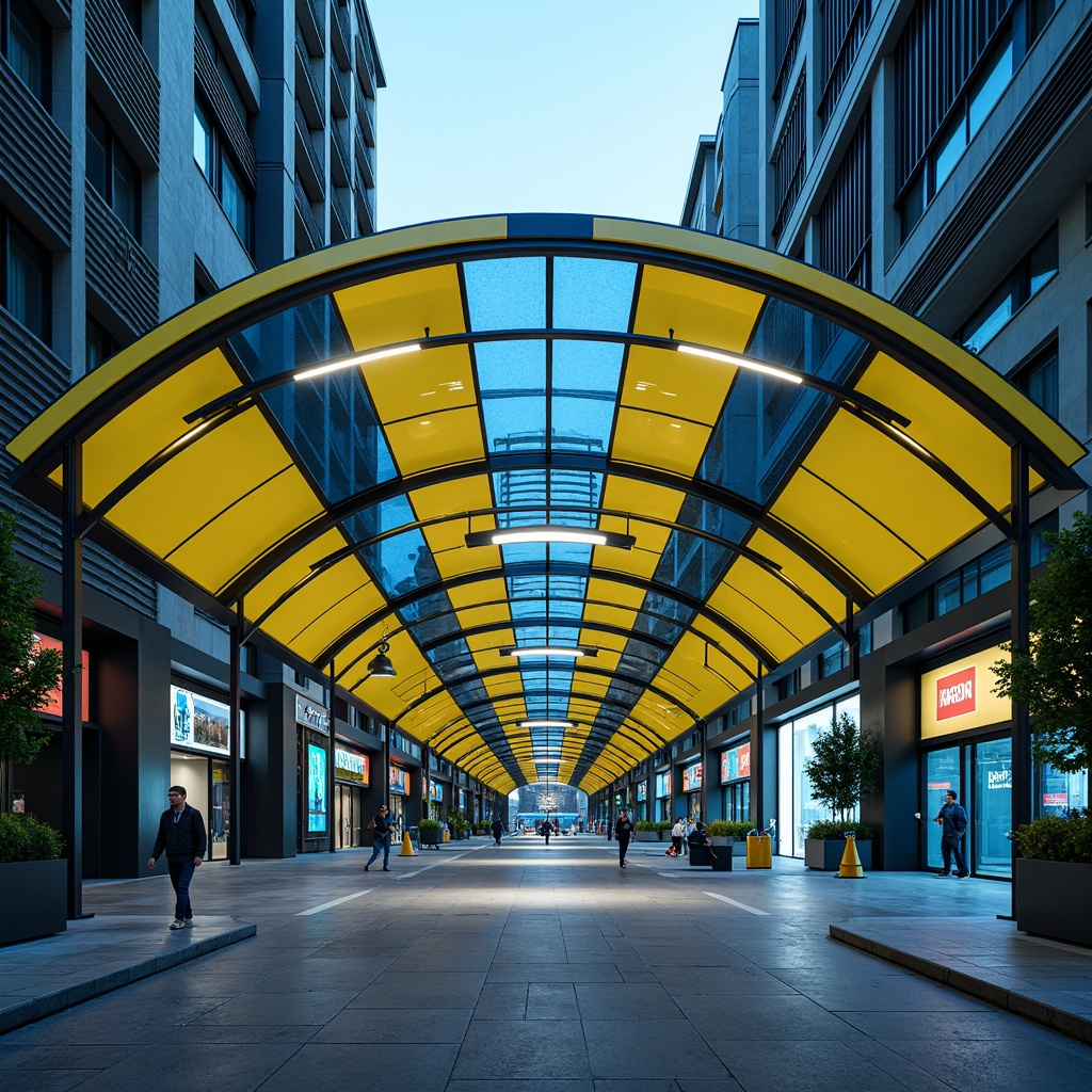 Prompt: Vibrant bus station, urban landscape, modern architecture, bold color scheme, bright yellow accents, deep blue tones, neutral gray backgrounds, sleek metal frames, glass roofs, natural stone floors, dynamic LED lighting, futuristic ambiance, high-contrast visuals, 3/4 composition, shallow depth of field, panoramic view, realistic textures, ambient occlusion.