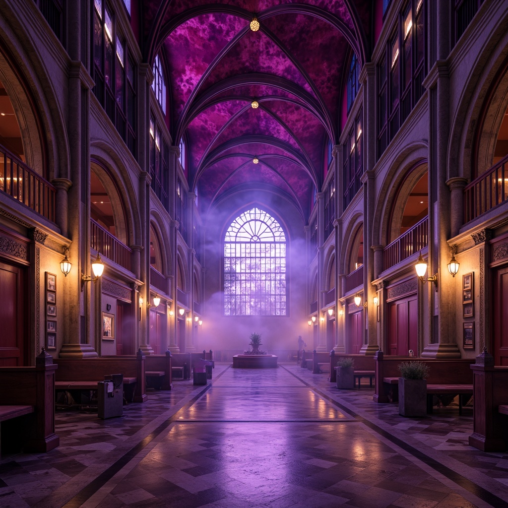 Prompt: Rich amethyst hues, luxurious velvet textures, ornate Gothic arches, grandiose cathedral ceilings, mystical purple mist, lavish jewel-toned accents, regal crown molding, opulent marble floors, intricate stone carvings, majestic stained glass windows, warm golden lighting, dramatic shadows, 1/2 composition, low-angle shot, cinematic atmosphere, realistic reflections.