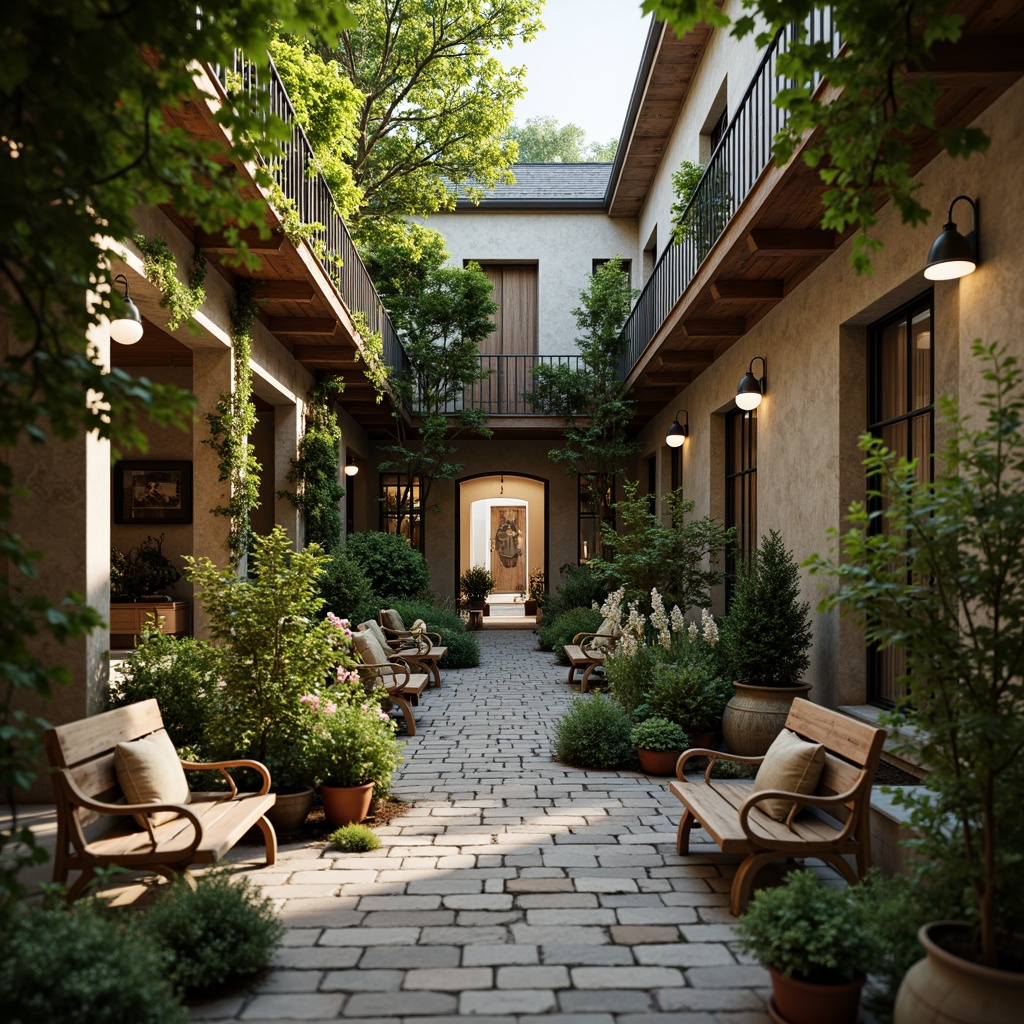 Prompt: Whimsical apartment courtyard, lush greenery, blooming flowers, meandering stone pathways, ornate iron railings, soft warm lighting, cozy seating areas, vintage garden benches, distressed wooden planters, overflowing flowerpots, delicate water features, small-scale sculptures, intimate ambiance, warm color palette, rustic stone walls, climbing vines, fragrant herbs, serene atmosphere, shallow depth of field, 1/1 composition, romantic warm tones, realistic textures, ambient occlusion.