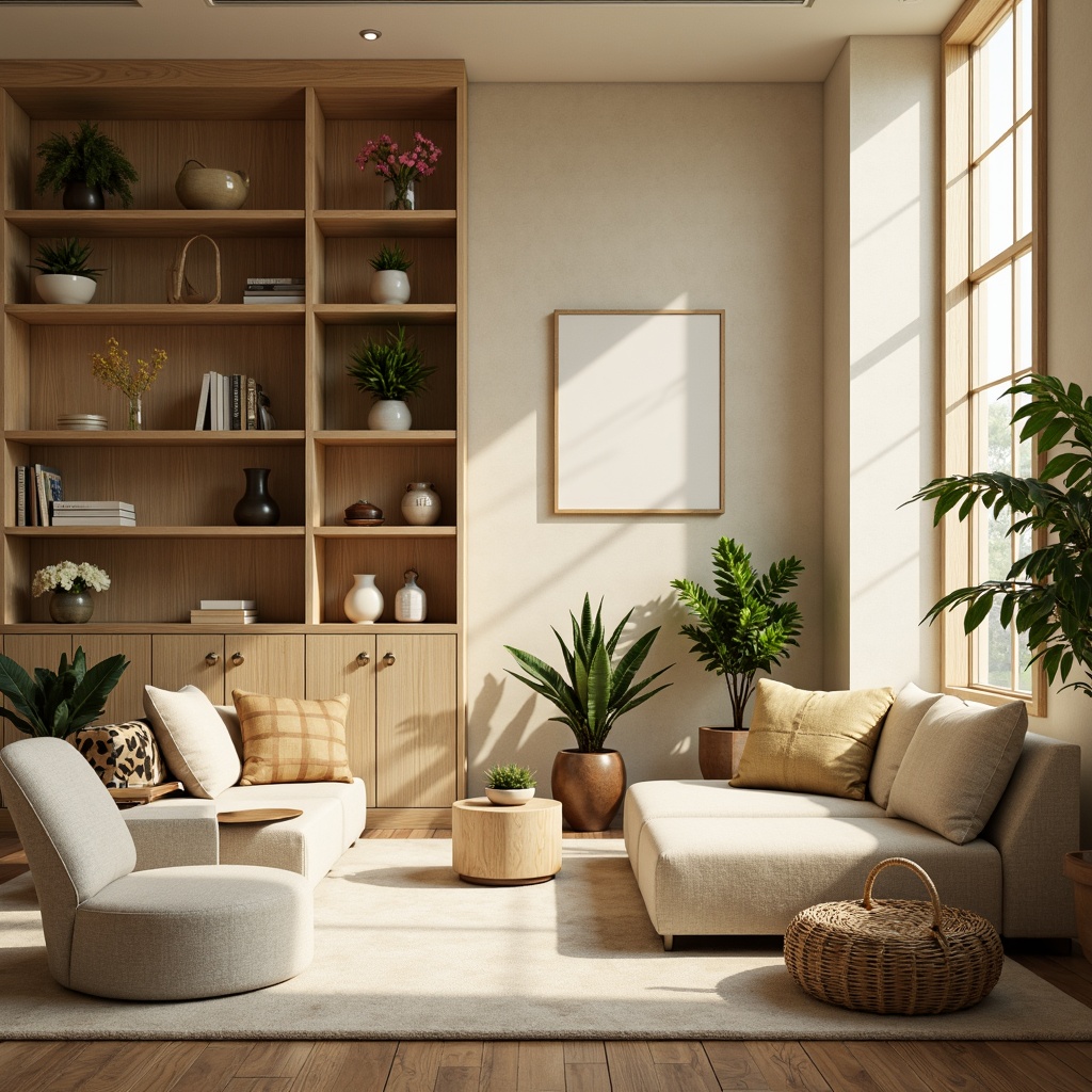 Prompt: Muted earthy tones, soft pastel hues, calming beige walls, natural wood accents, plush greenery, creamy whites, warm golden lighting, cozy reading nooks, comfortable seating areas, minimalist decor, subtle texture contrasts, organic shapes, serene atmosphere, shallow depth of field, 1/1 composition, realistic renderings, ambient occlusion.