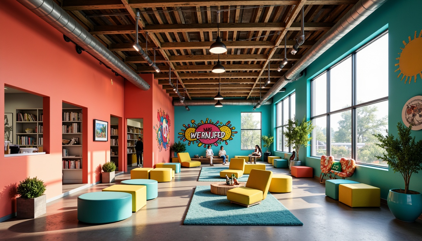 Prompt: Vibrant youth center, energetic atmosphere, bold color scheme, bright coral walls, turquoise accents, sunny yellow furniture, playful polka dots, modern graffiti murals, urban industrial decor, reclaimed wood textures, metal beam ceilings, natural light pouring in, airy open spaces, cozy reading nooks, collaborative workstations, dynamic lighting effects, 1/2 composition, shallow depth of field, warm and inviting ambiance.