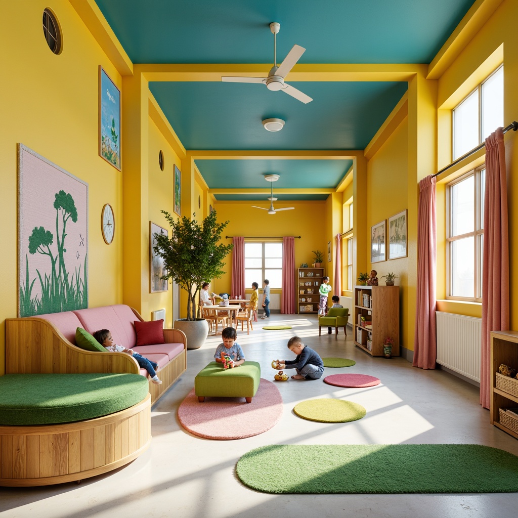 Prompt: Vibrant kindergarten social housing, playful color palette, bright yellow walls, sky blue accents, lime green furniture, soft pink curtains, natural wood textures, cozy reading nooks, educational murals, interactive play areas, sensory stimulation zones, collaborative learning spaces, diverse cultural decorations, inclusive community atmosphere, abundant natural light, warm sunny days, shallow depth of field, 1/1 composition, realistic textures, ambient occlusion.