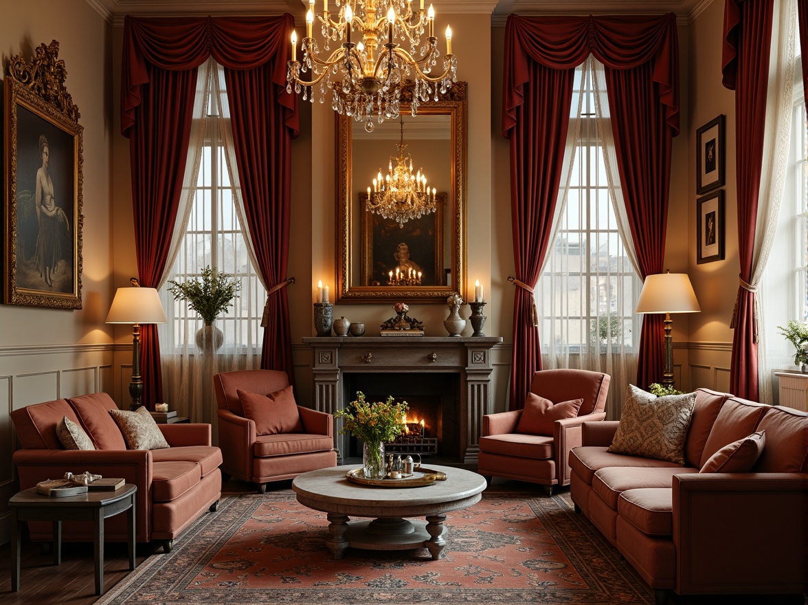 Prompt: Luxurious velvet drapes, ornate golden frames, soft candlelight, distressed wooden furniture, plush area rugs, vintage floral patterns, delicate lace curtains, antique decorative accents, rich jewel-toned colors, opulent crystal chandeliers, intimate cozy nooks, curved lines, whimsical feminine touches, warm beige walls, rustic stone fireplaces, lavish tufted upholstery, dreamy ethereal ambiance, shallow depth of field, 1/1 composition, soft focus, warm golden lighting.