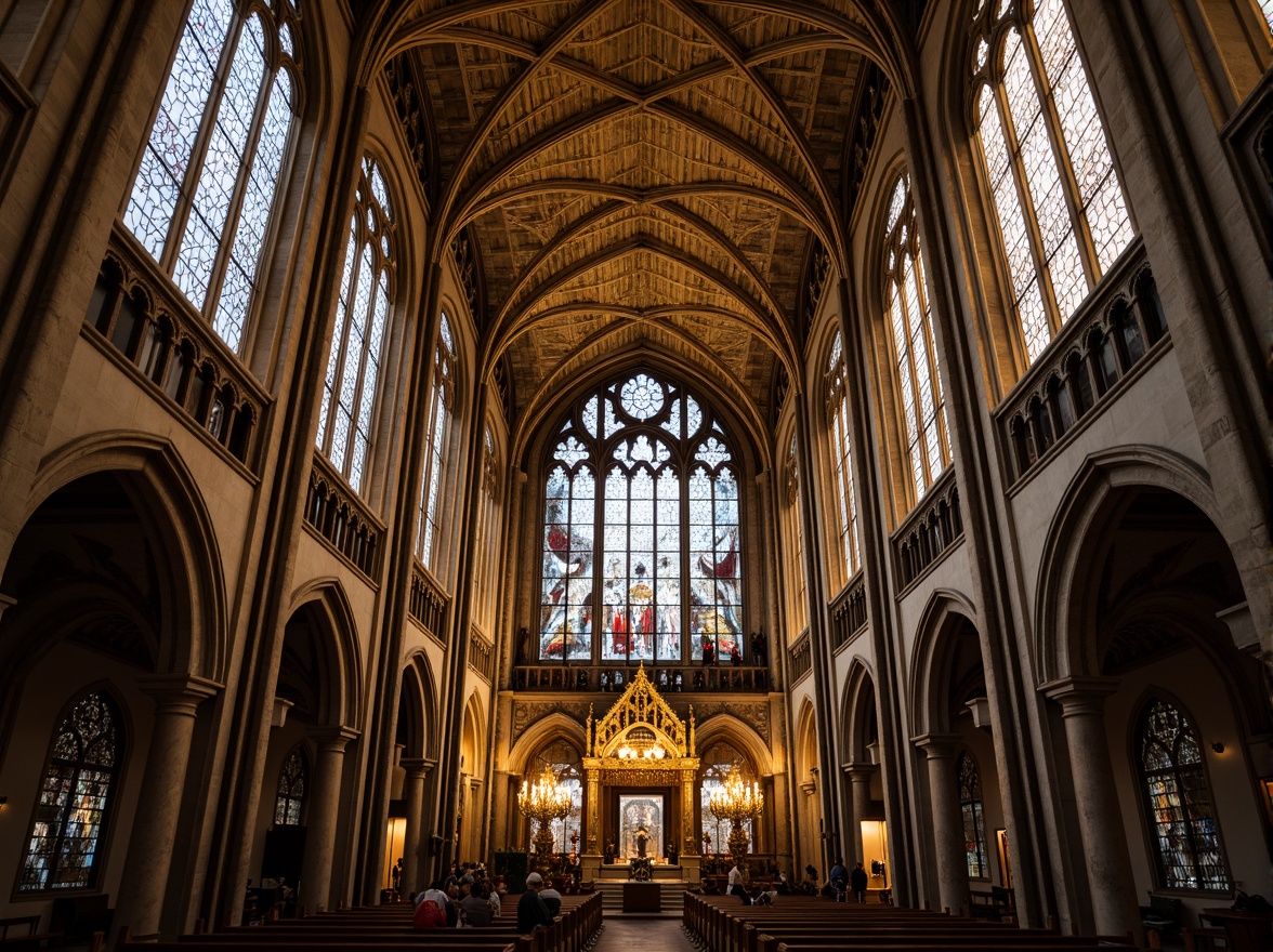 Prompt: Intricate stone carvings, ornate flying buttresses, grand cathedral architecture, ribbed vaulted ceilings, stained glass windows, dramatic verticality, soaring heights, majestic pillars, ornamental tracery, mystical ambiance, warm golden lighting, soft diffused shadows, 3/4 composition, symmetrical framing, realistic textures, ambient occlusion.