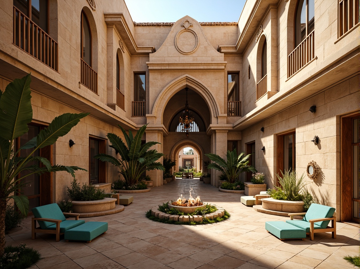 Prompt: Majestic desert villa, gothic architecture, warm beige stone walls, intricately carved arches, ornate ironwork, grandiose entrance gates, mystical lanterns, vibrant turquoise accents, earthy terracotta roofs, rustic wooden doors, mysterious alcoves, dramatic shadows, warm golden lighting, cinematic composition, atmospheric perspective, realistic rock textures, ambient occlusion.