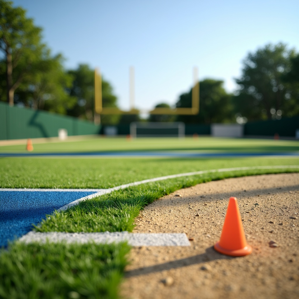 Prompt: Vibrant green grass, bright white lines, bold blue accents, warm beige sand, dynamic yellow goalposts, energetic orange cones, fresh air atmosphere, sunny day lighting, shallow depth of field, 3/4 composition, panoramic view, realistic textures, ambient occlusion.