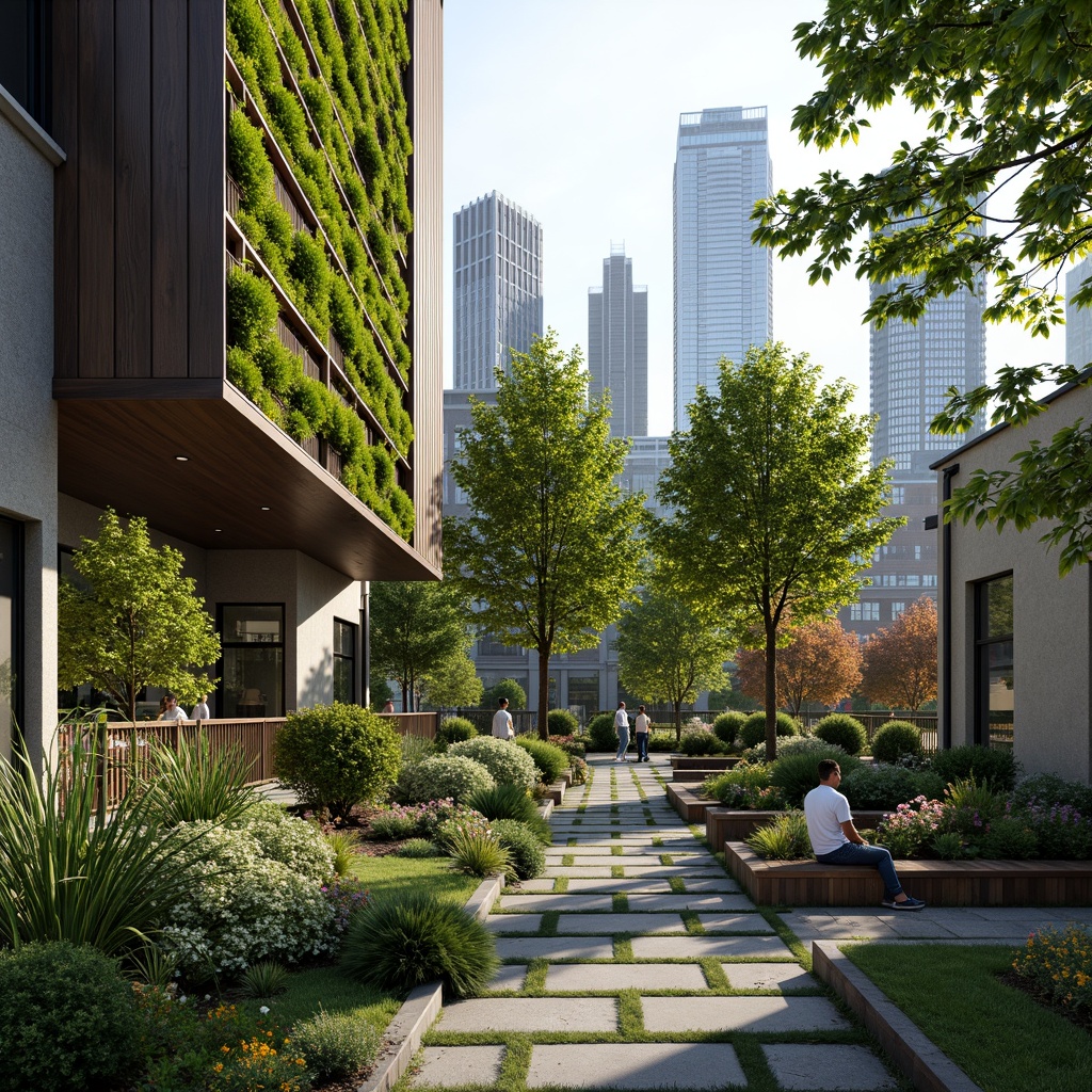 Prompt: Lush green roofs, vertical gardens, living walls, native plant species, rainwater harvesting systems, grey water reuse, solar-powered irrigation, organic fertilizers, meandering walkways, natural stone pavers, reclaimed wood benches, modern skyscraper architecture, sleek glass fa\u00e7ades, angular lines, minimalist design, eco-friendly materials, innovative cooling technologies, shaded outdoor spaces, misting systems, vibrant colorful textiles, intricate geometric motifs, urban forest atmosphere, soft warm lighting, shallow depth of field, 3/4 composition, panoramic view, realistic textures, ambient occlusion.